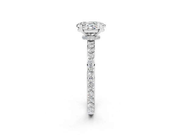 White gold Oval Cut Moissanite Solitaire Engagement Ring with Pavé Band and Four-Prong Setting