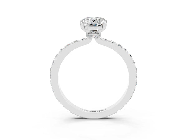 Silver Oval Cut Moissanite Solitaire Engagement Ring with Pavé Band and Four-Prong Setting