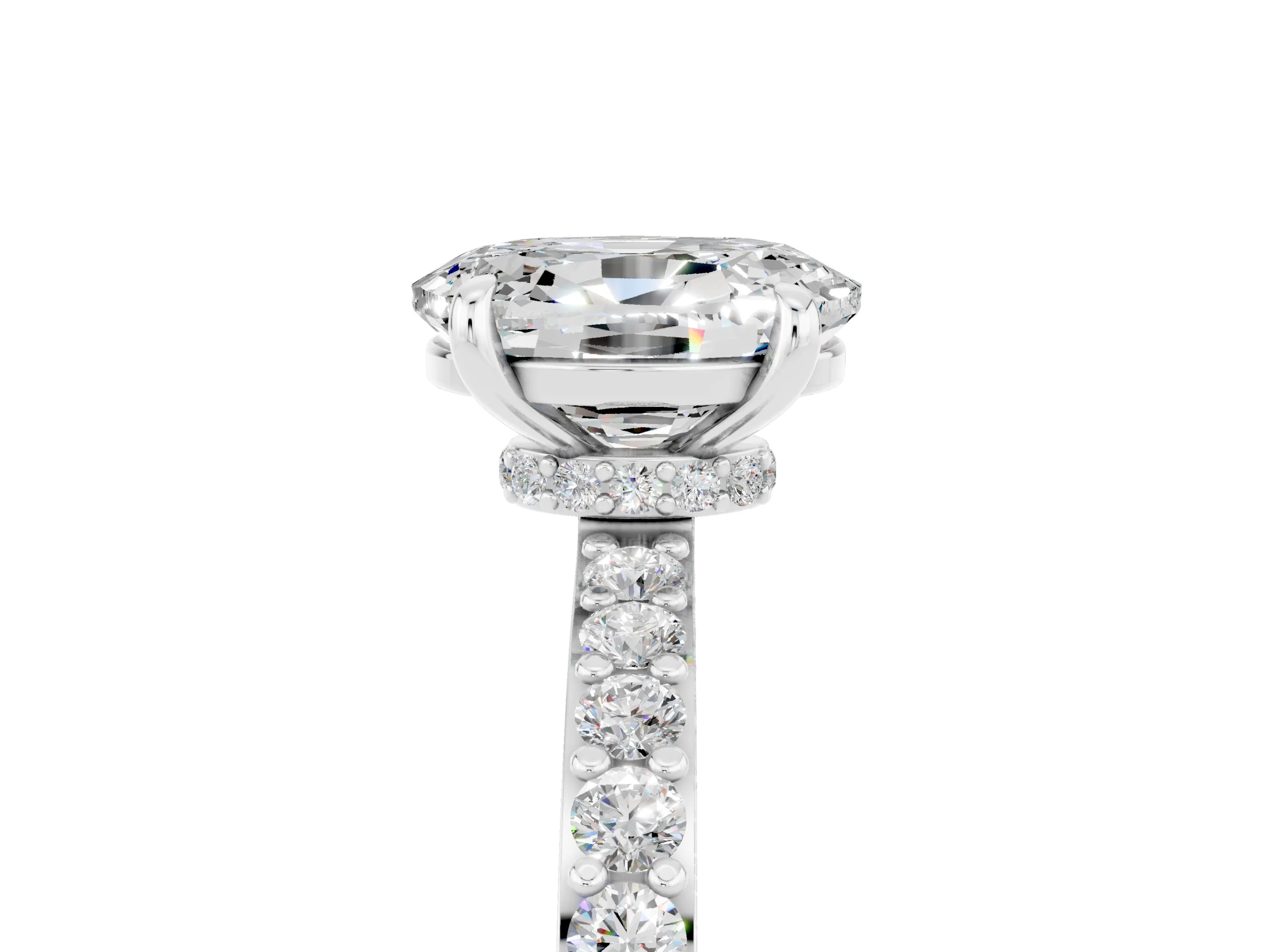 White gold Oval Cut Moissanite Solitaire Engagement Ring with Pavé Band and Four-Prong Setting_5