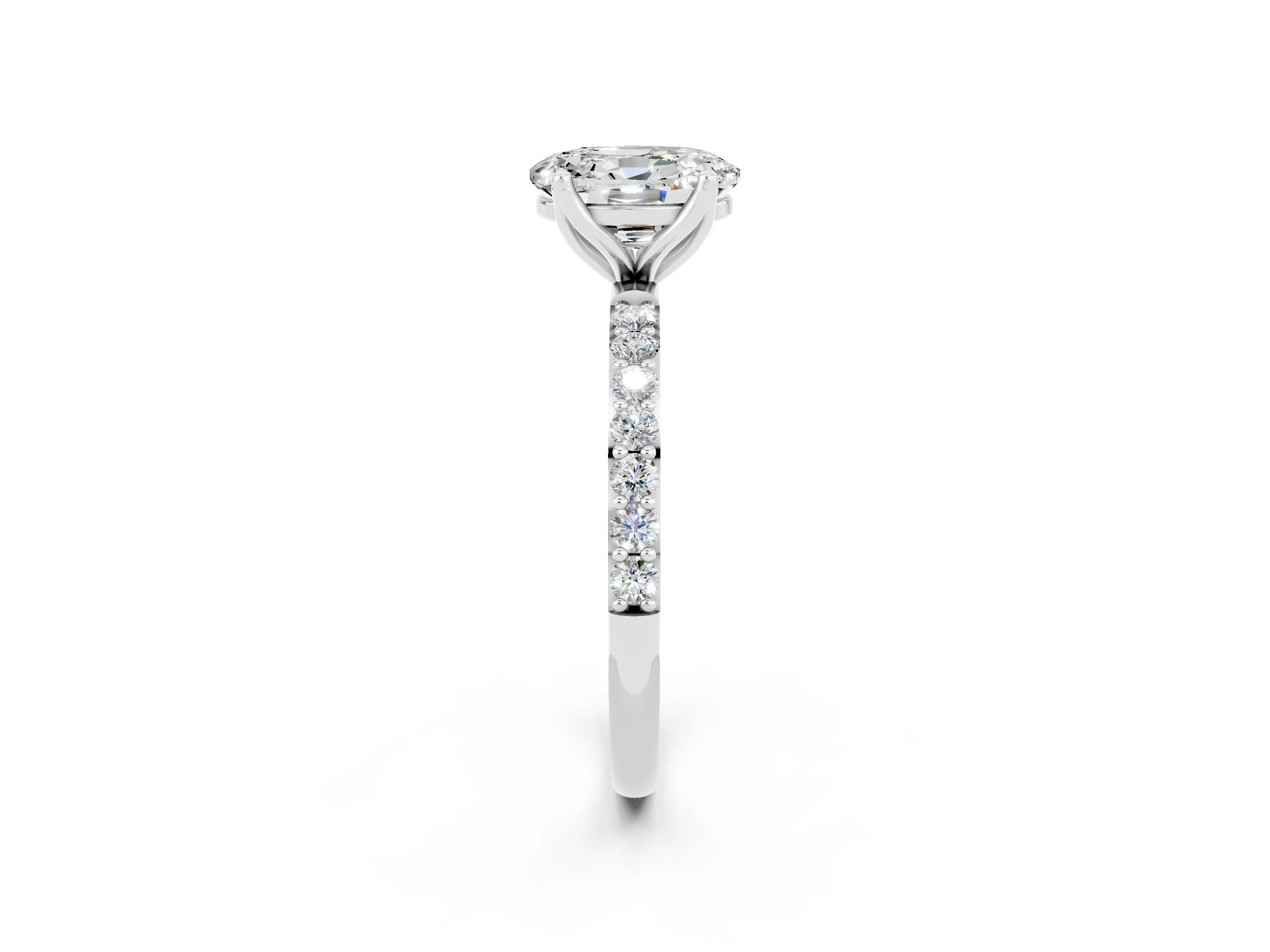 White gold Oval Cut Moissanite Solitaire Engagement Ring with Pavé Band and Prong Setting_2