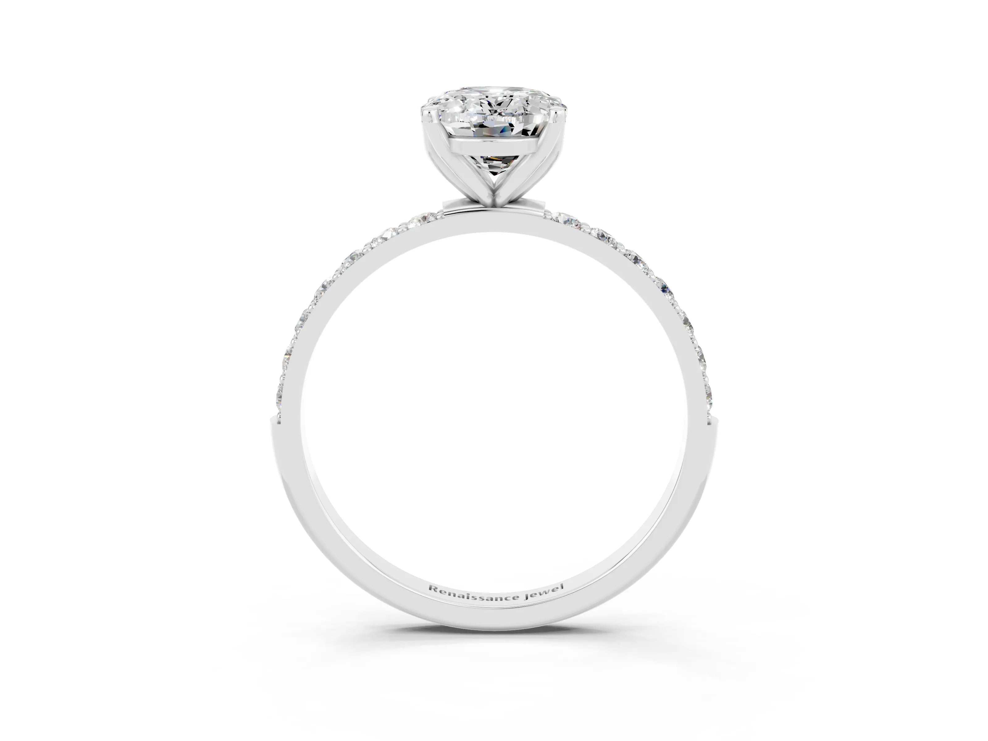 White gold Oval Cut Moissanite Solitaire Engagement Ring with Pavé Band and Prong Setting_3