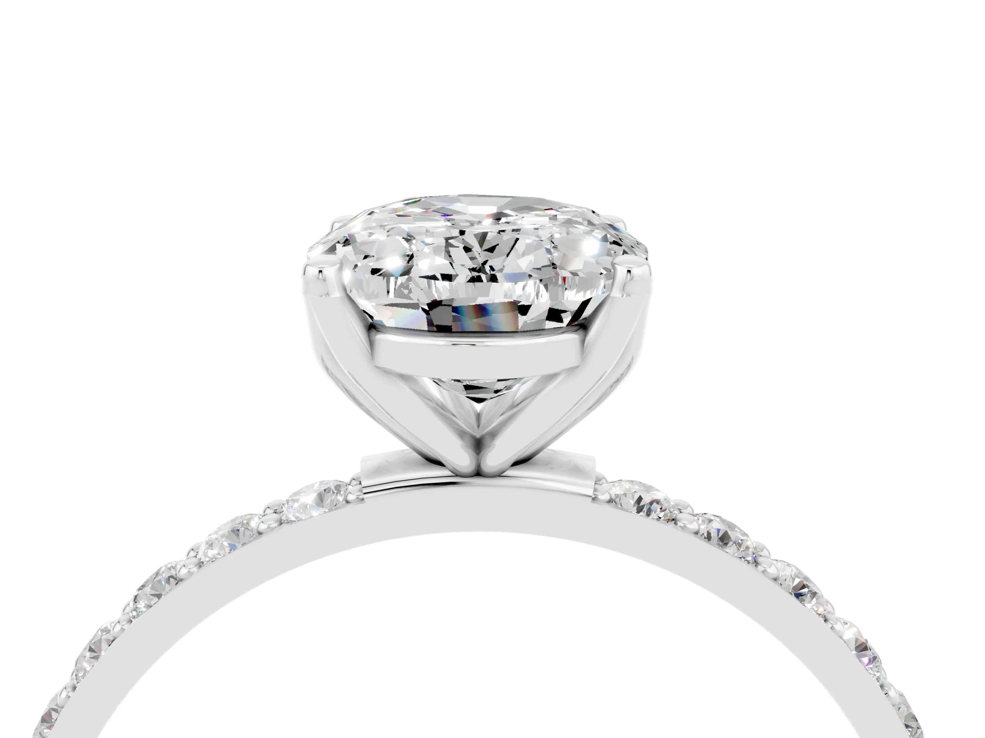 White gold Oval Cut Moissanite Solitaire Engagement Ring with Pavé Band and Prong Setting_4