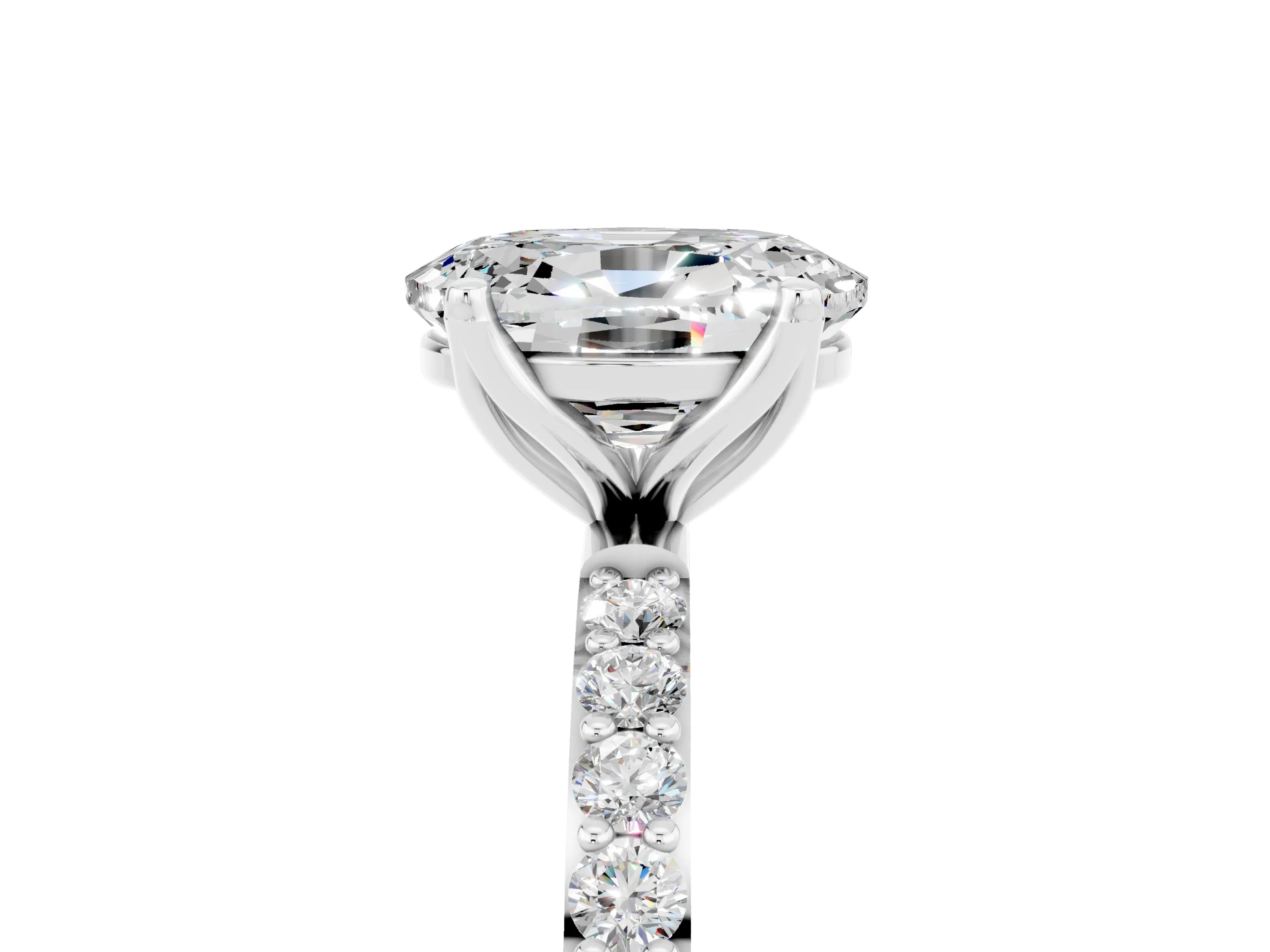 White gold Oval Cut Moissanite Solitaire Engagement Ring with Pavé Band and Prong Setting_5