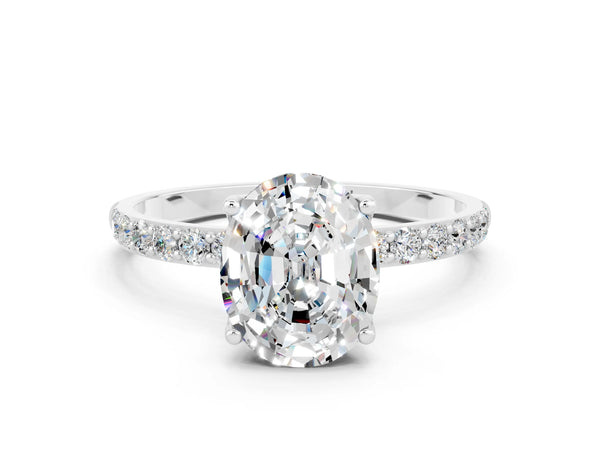 Silver Oval Cut Moissanite Solitaire Engagement Ring with Round  Pavé Band and Prong Setting