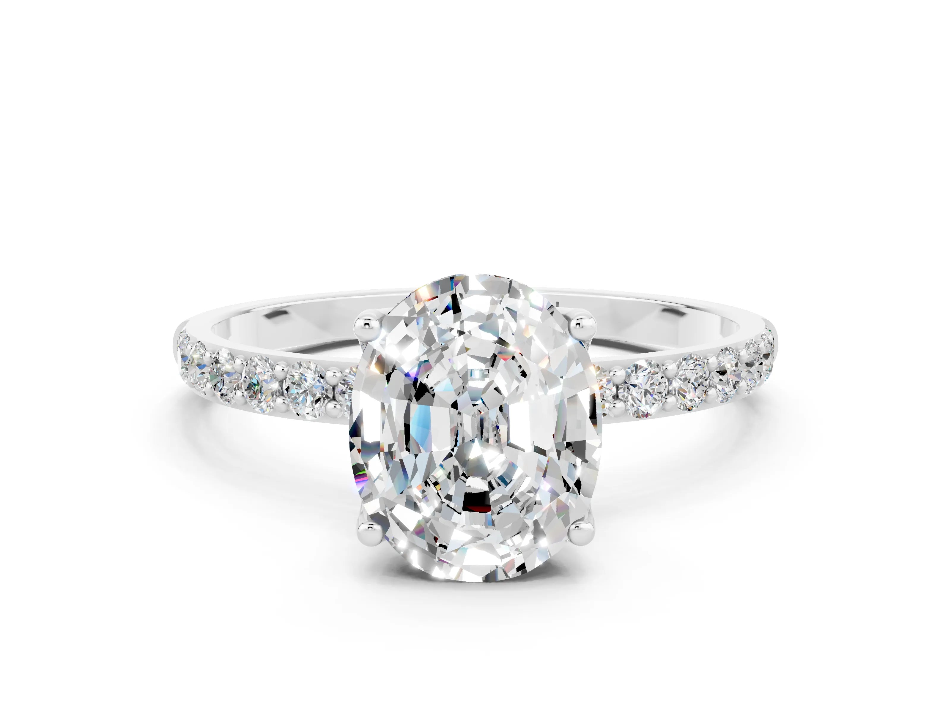 White gold Oval Cut Moissanite Solitaire Engagement Ring with Pavé Band and Prong Setting