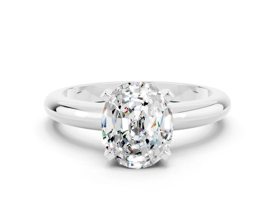 White gold Oval Cut Moissanite Solitaire Engagement Ring with Round Band and Four-Prong Setting