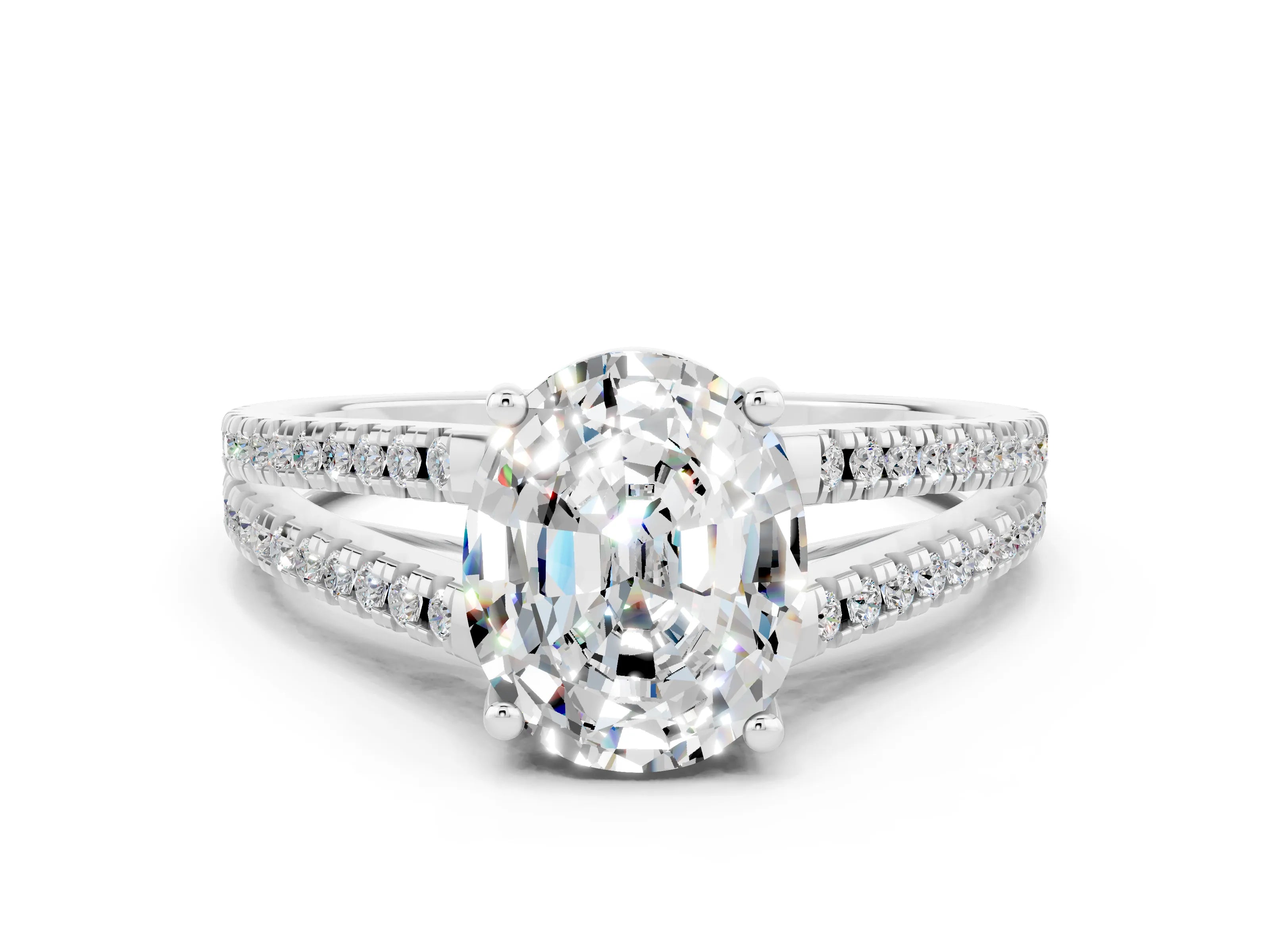 White gold Oval Cut Moissanite Solitaire Engagement Ring with Split Shank Pavé Band