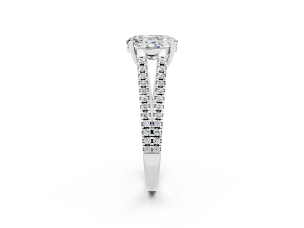 Silver Oval Cut Moissanite Solitaire Engagement Ring with Split Shank Pavé Band