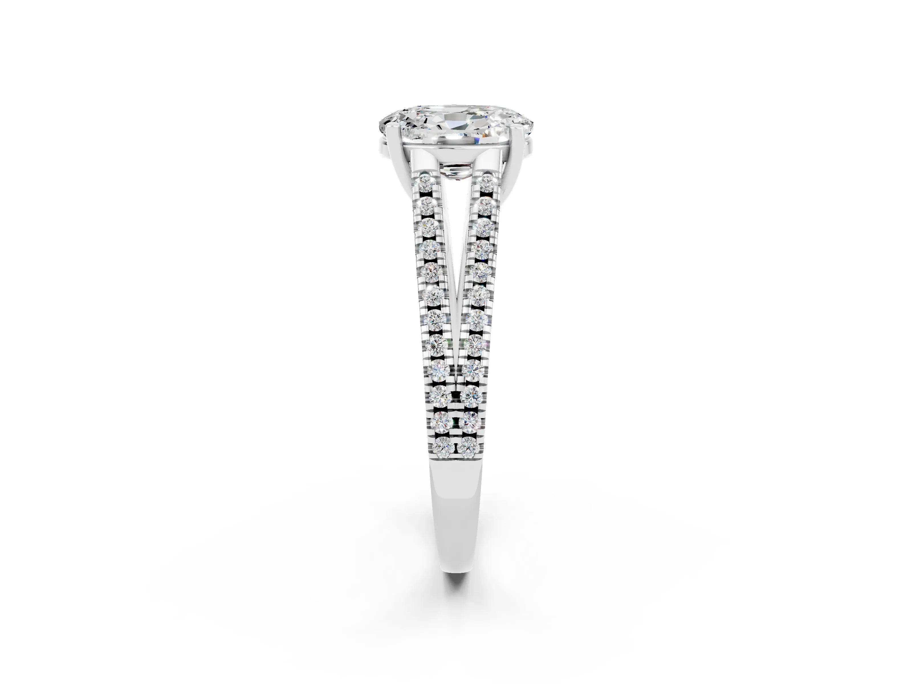 White gold Oval Cut Moissanite Solitaire Engagement Ring with Split Shank Pavé Band_2