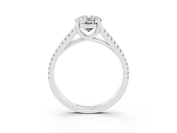 Platinum Oval Cut Moissanite Solitaire Engagement Ring with Split Shank Pavé Band