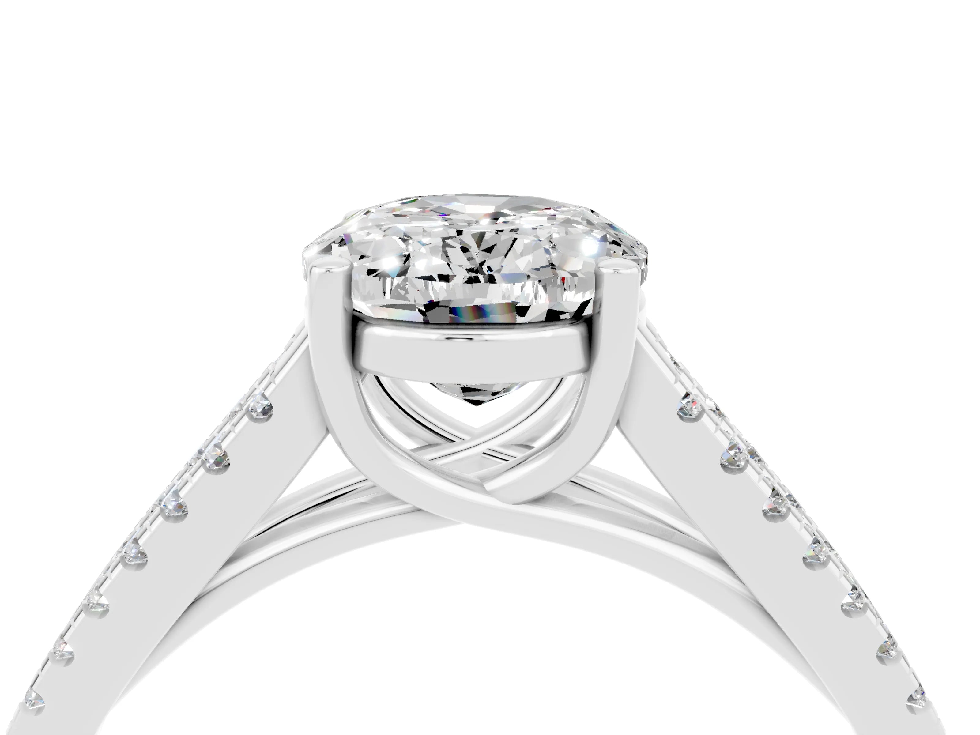 White gold Oval Cut Moissanite Solitaire Engagement Ring with Split Shank Pavé Band_4
