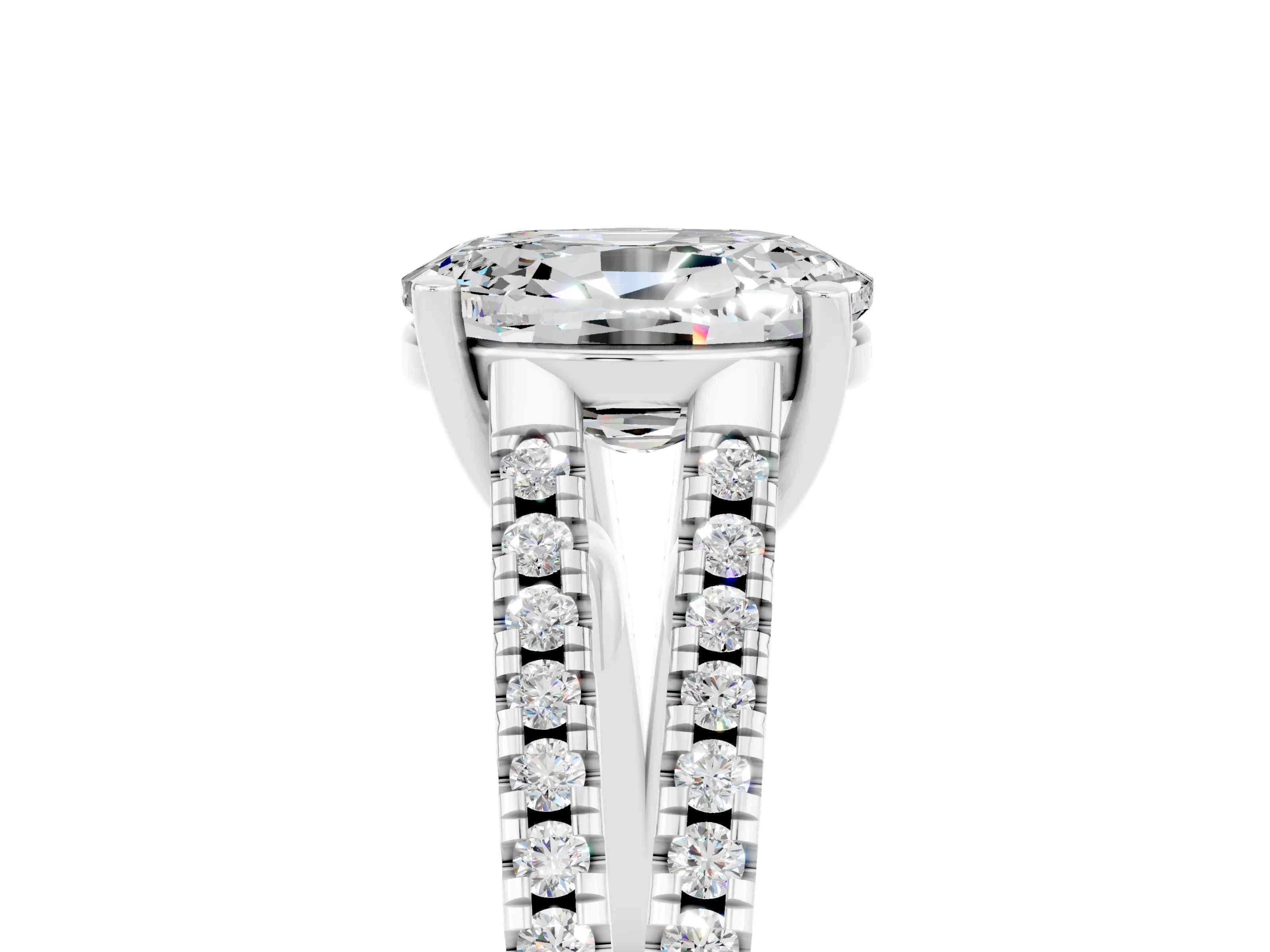 White gold Oval Cut Moissanite Solitaire Engagement Ring with Split Shank Pavé Band_5