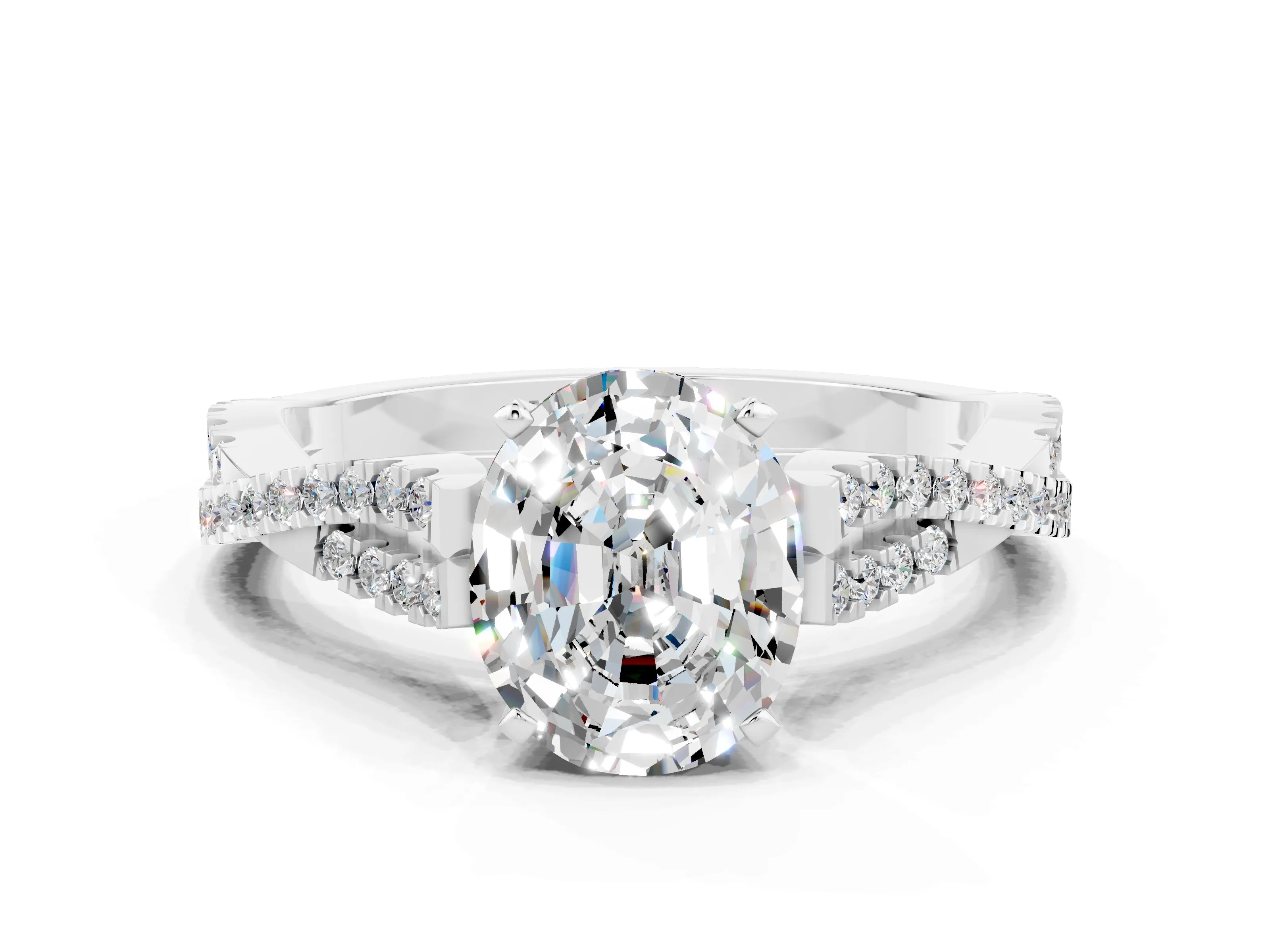 White gold Oval Cut Moissanite Solitaire Engagement Ring with Twisted Pavé Band and Four-Prong Setting