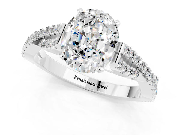 Silver Oval Cut Moissanite Solitaire Engagement Ring with Twisted Pavé Band and Four-Prong Setting