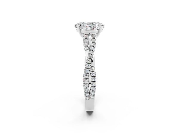 Platinum Oval Cut Moissanite Solitaire Engagement Ring with Twisted Pavé Band and Four-Prong Setting