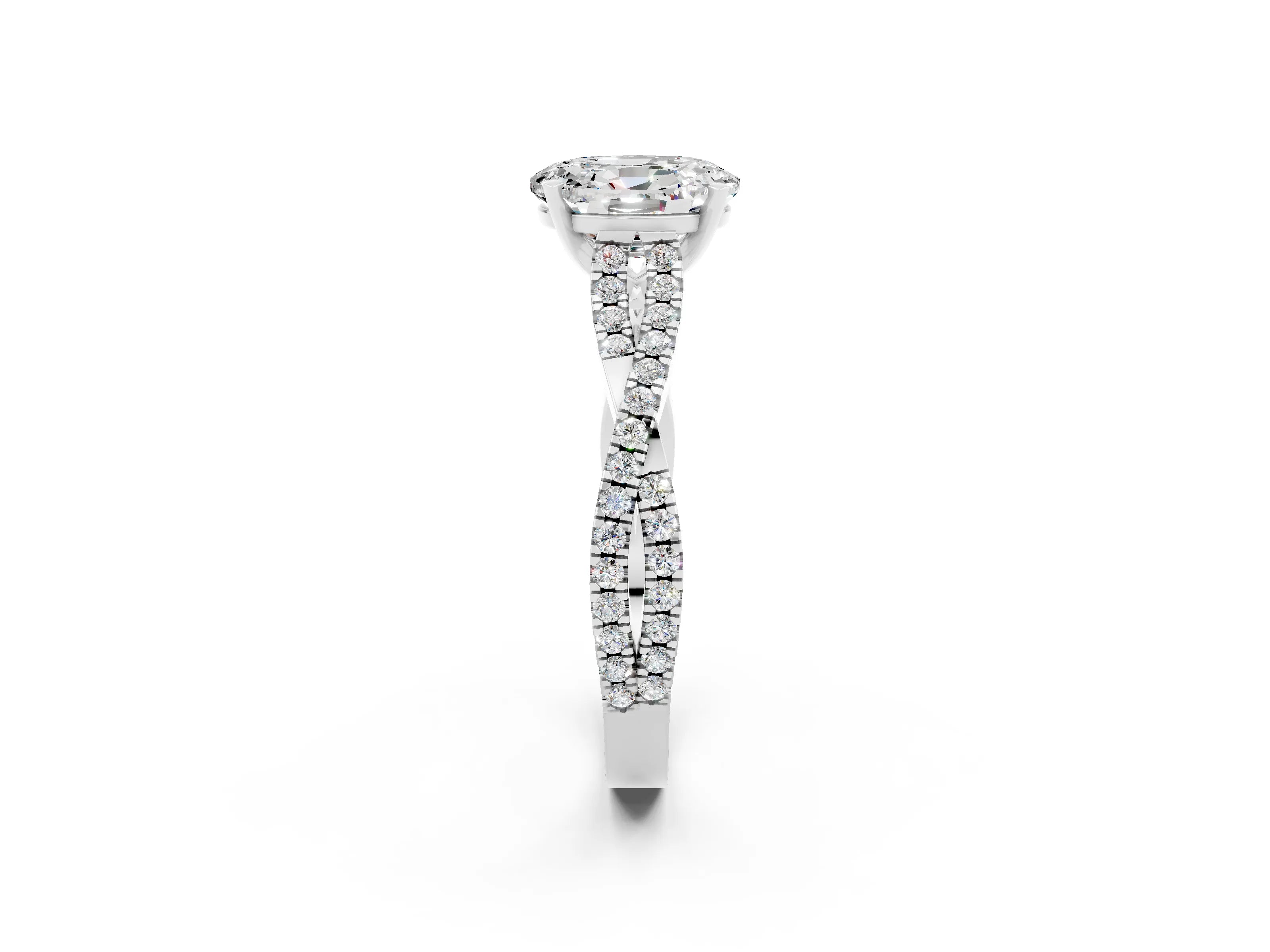 White gold Oval Cut Moissanite Solitaire Engagement Ring with Twisted Pavé Band and Four-Prong Setting_2