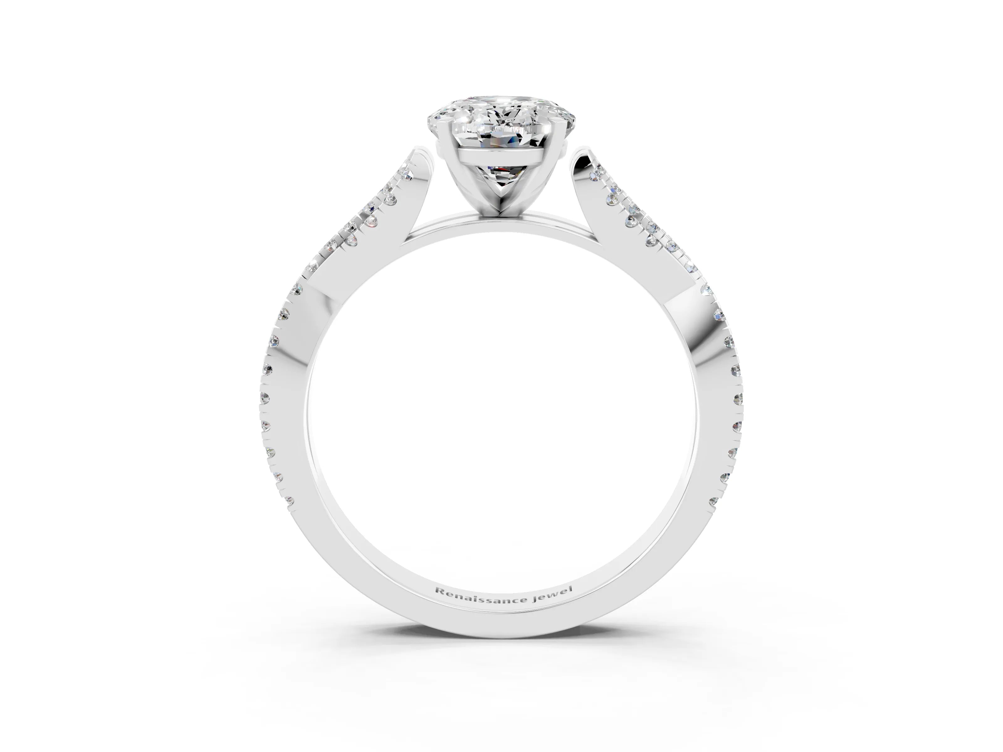 White gold Oval Cut Moissanite Solitaire Engagement Ring with Twisted Pavé Band and Four-Prong Setting_3