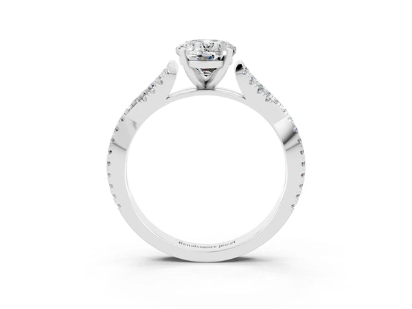 White gold Oval Cut Moissanite Solitaire Engagement Ring with Twisted Pavé Band and Four-Prong Setting