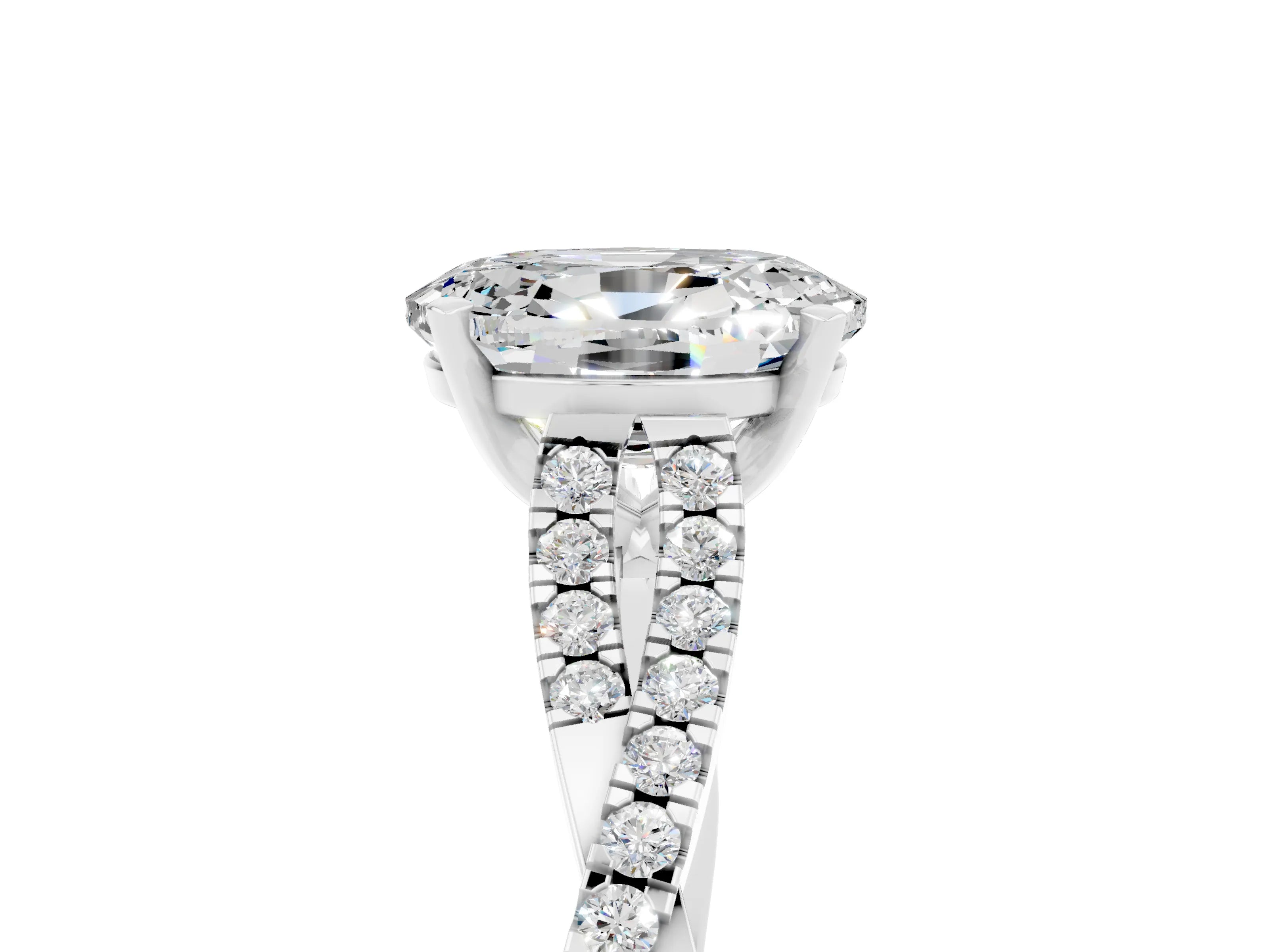 White gold Oval Cut Moissanite Solitaire Engagement Ring with Twisted Pavé Band and Four-Prong Setting_5