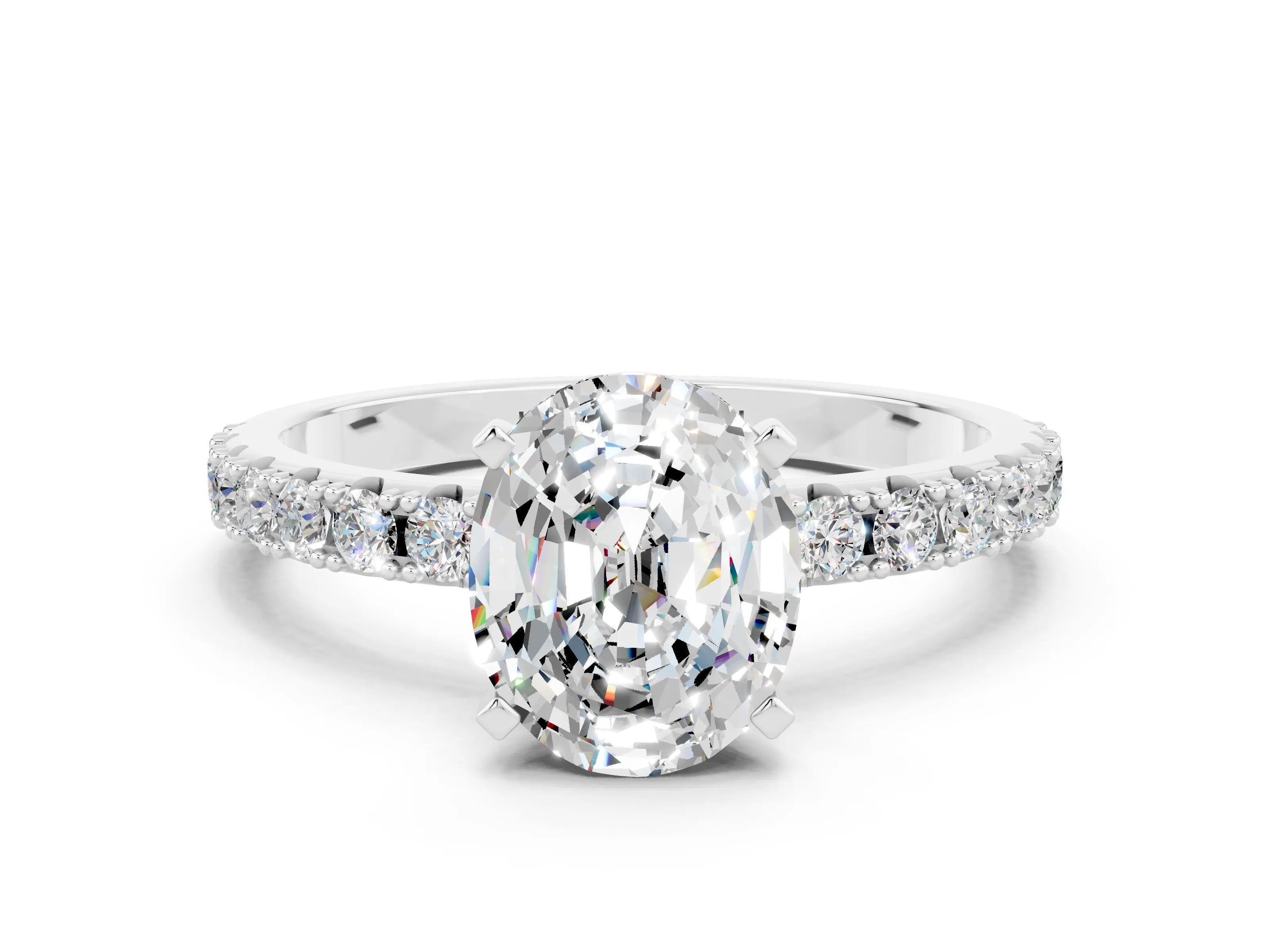 White gold Oval Cut Moissanite Solitaire Pavé Band with Four-Prong Setting
