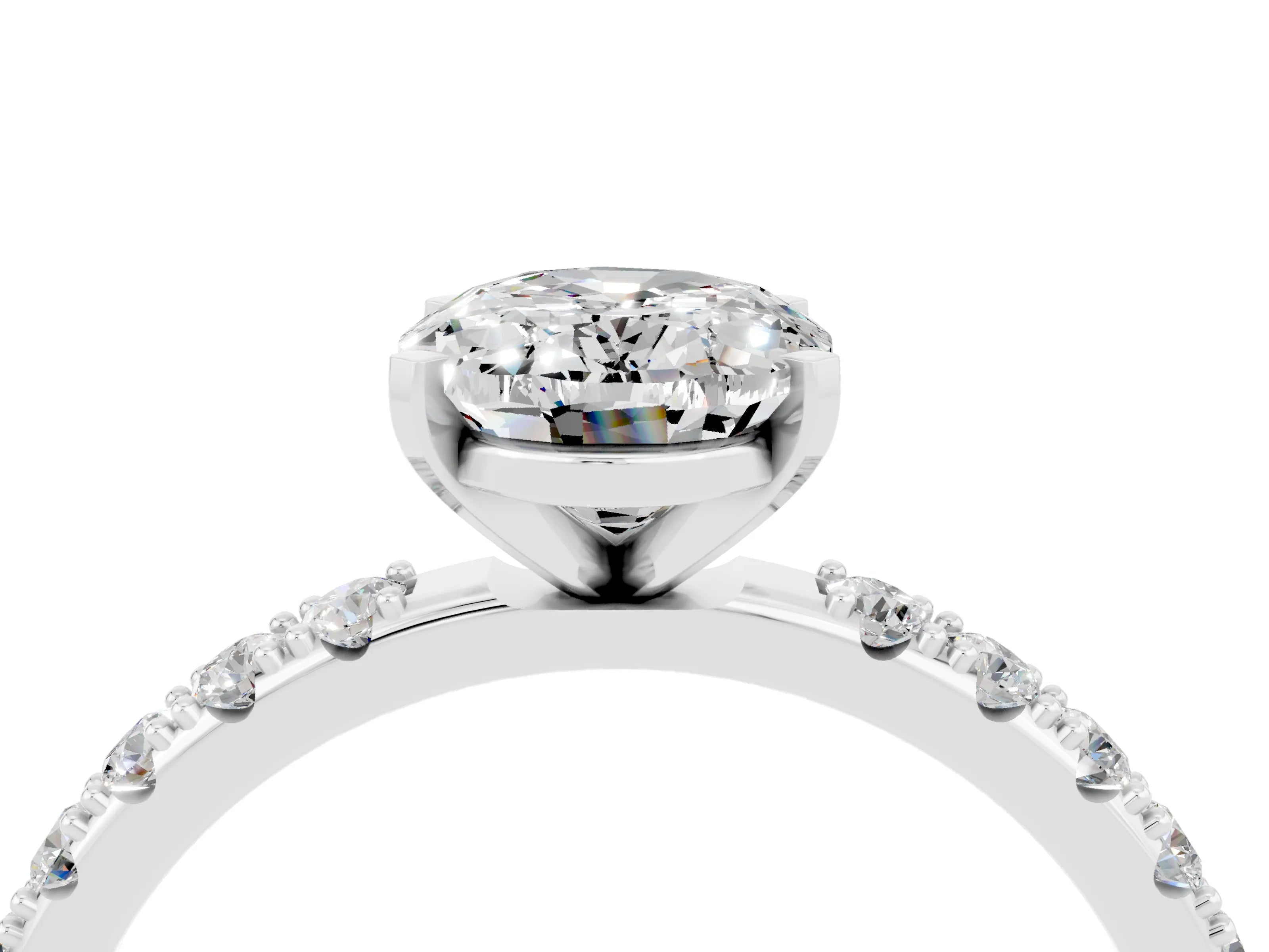 White gold Oval Cut Moissanite Solitaire Pavé Band with Four-Prong Setting_4