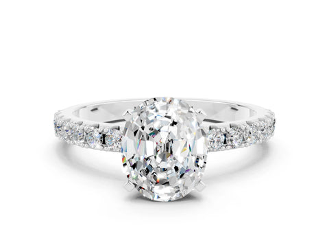 White gold Oval Cut Moissanite Solitaire Pavé Band with Four-Prong Setting