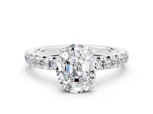 White gold Oval Cut Moissanite Solitaire Pavé Engagement Ring with Round Band and Prong Setting