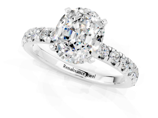 Silver Oval Cut Moissanite Solitaire Pavé Engagement Ring with Round Band and Prong Setting