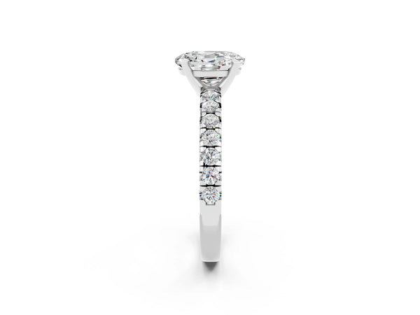 Platinum Oval Cut Moissanite Solitaire Pavé Engagement Ring with Round Band and Prong Setting