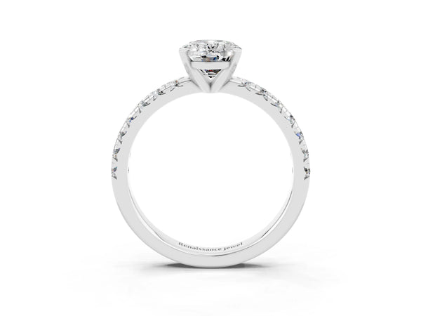 Platinum Oval Cut Moissanite Solitaire Pavé Engagement Ring with Round Band and Prong Setting