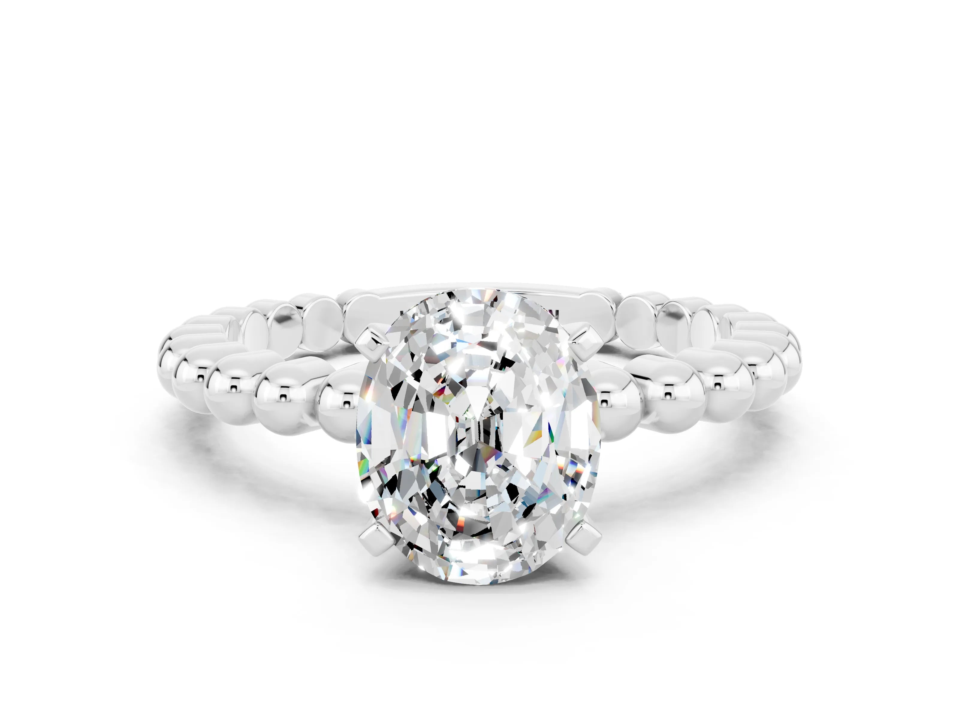 White gold Oval Cut Moissanite Solitaire Ring with Beaded Band and Prong Setting