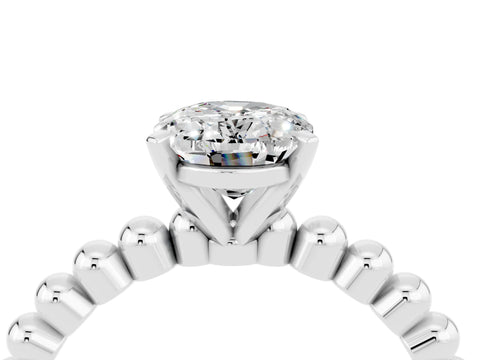 White gold Oval Cut Moissanite Solitaire Ring with Beaded Band and Prong Setting_16