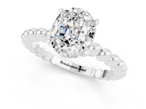 White gold Oval Cut Moissanite Solitaire Ring with Beaded Band and Prong Setting_1