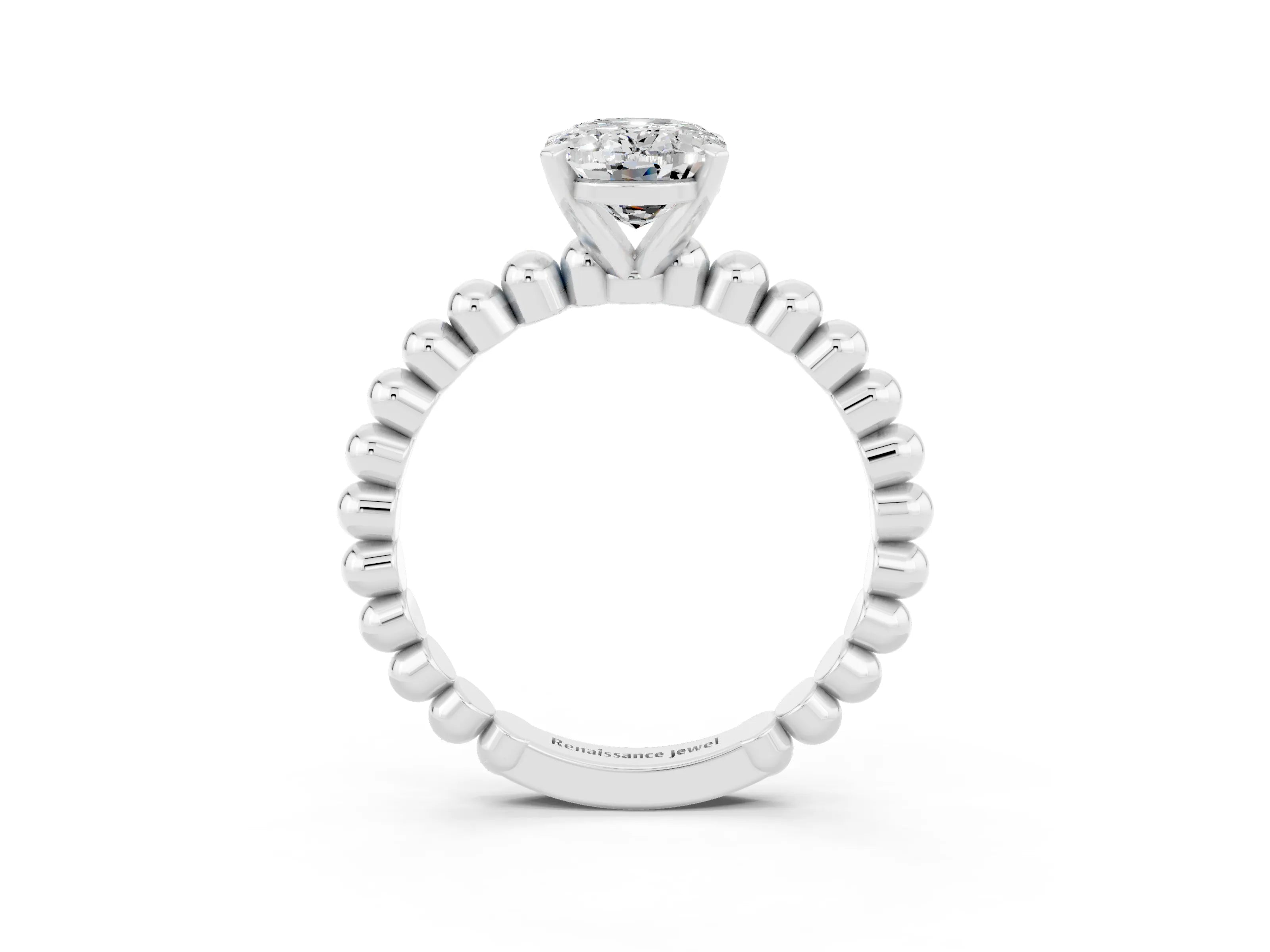 White gold Oval Cut Moissanite Solitaire Ring with Beaded Band and Prong Setting_3