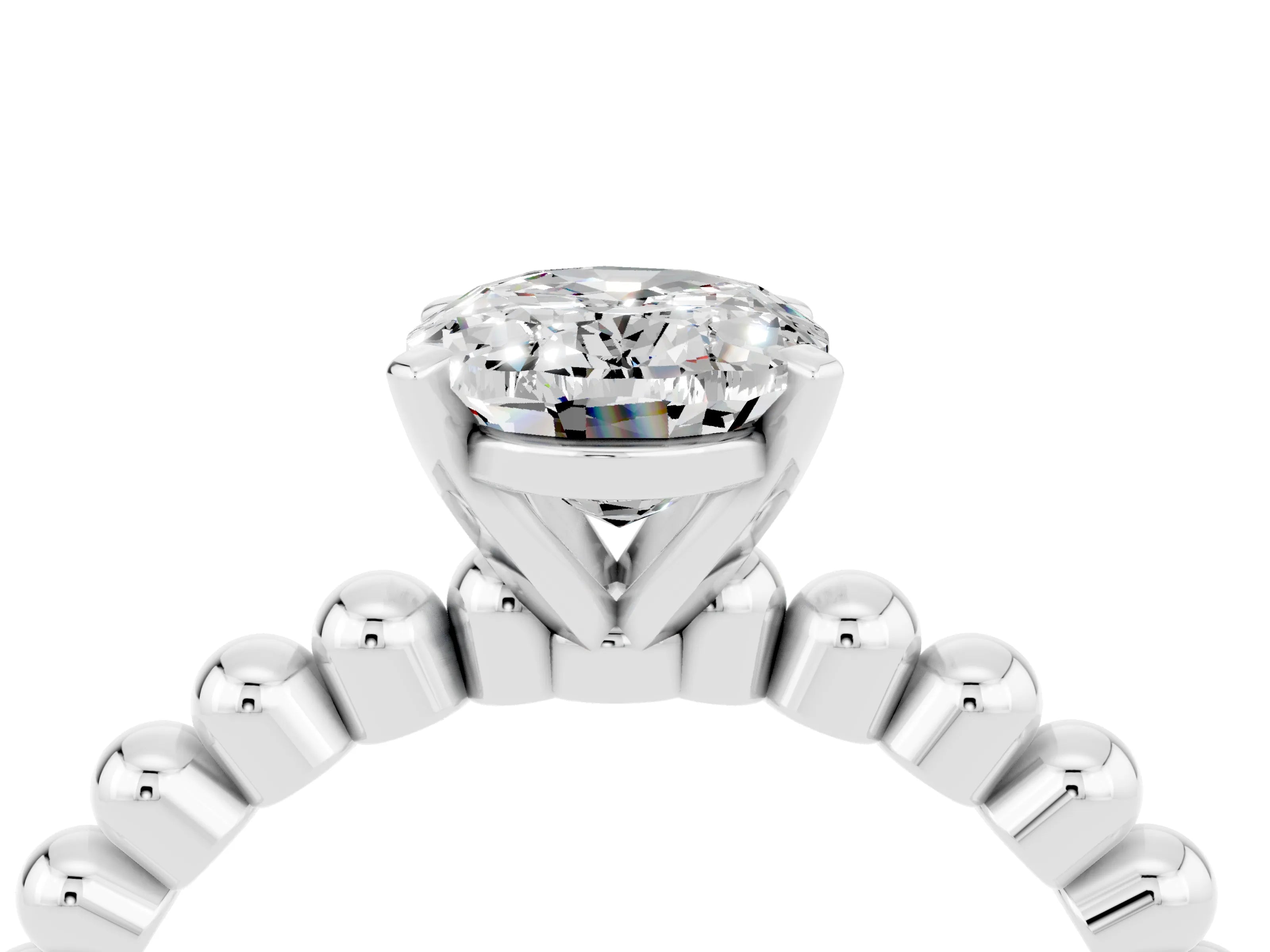 White gold Oval Cut Moissanite Solitaire Ring with Beaded Band and Prong Setting_4