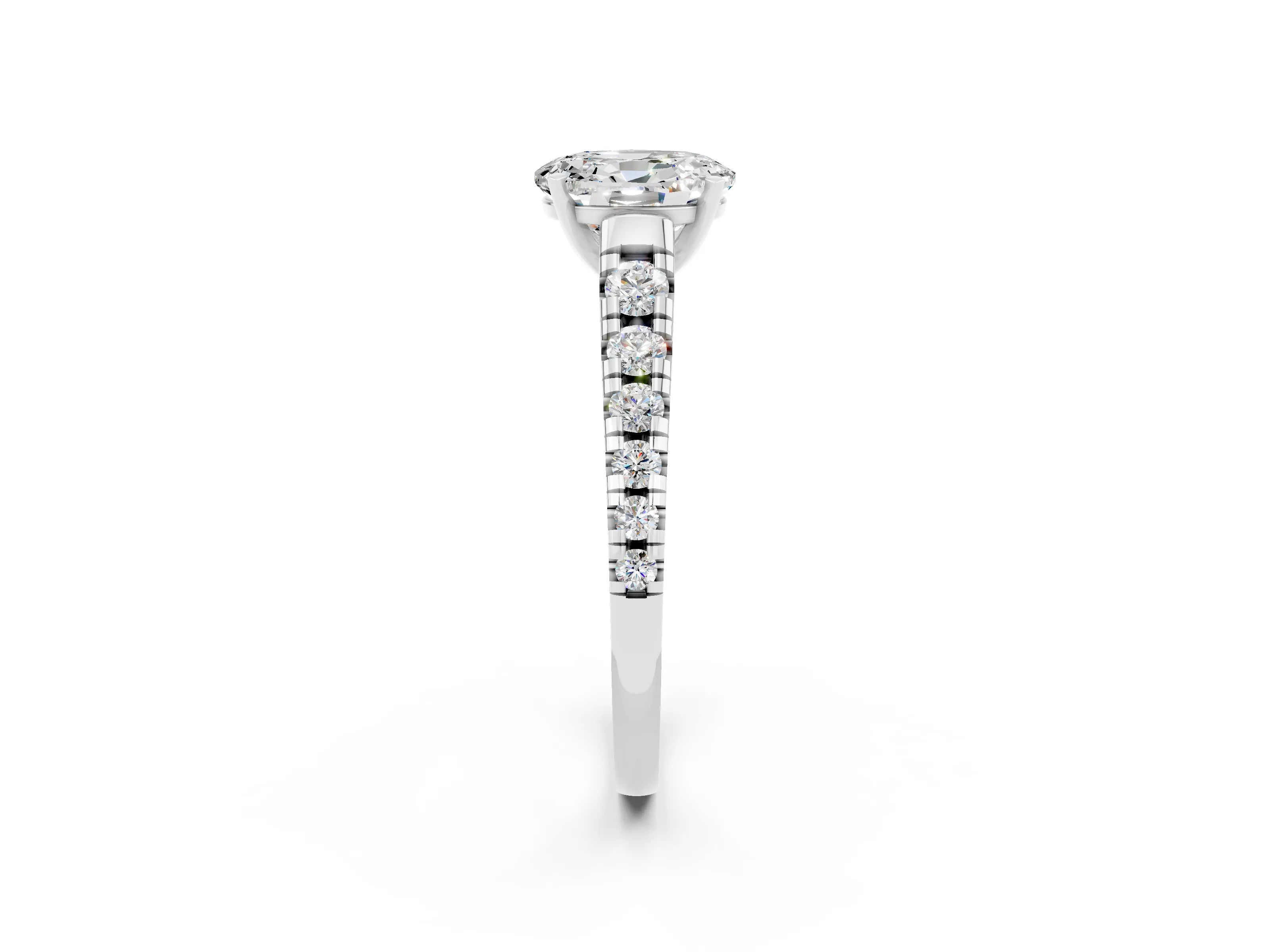 White gold Oval Cut Moissanite Solitaire Ring with Cathedral Setting and Pavé Band_2