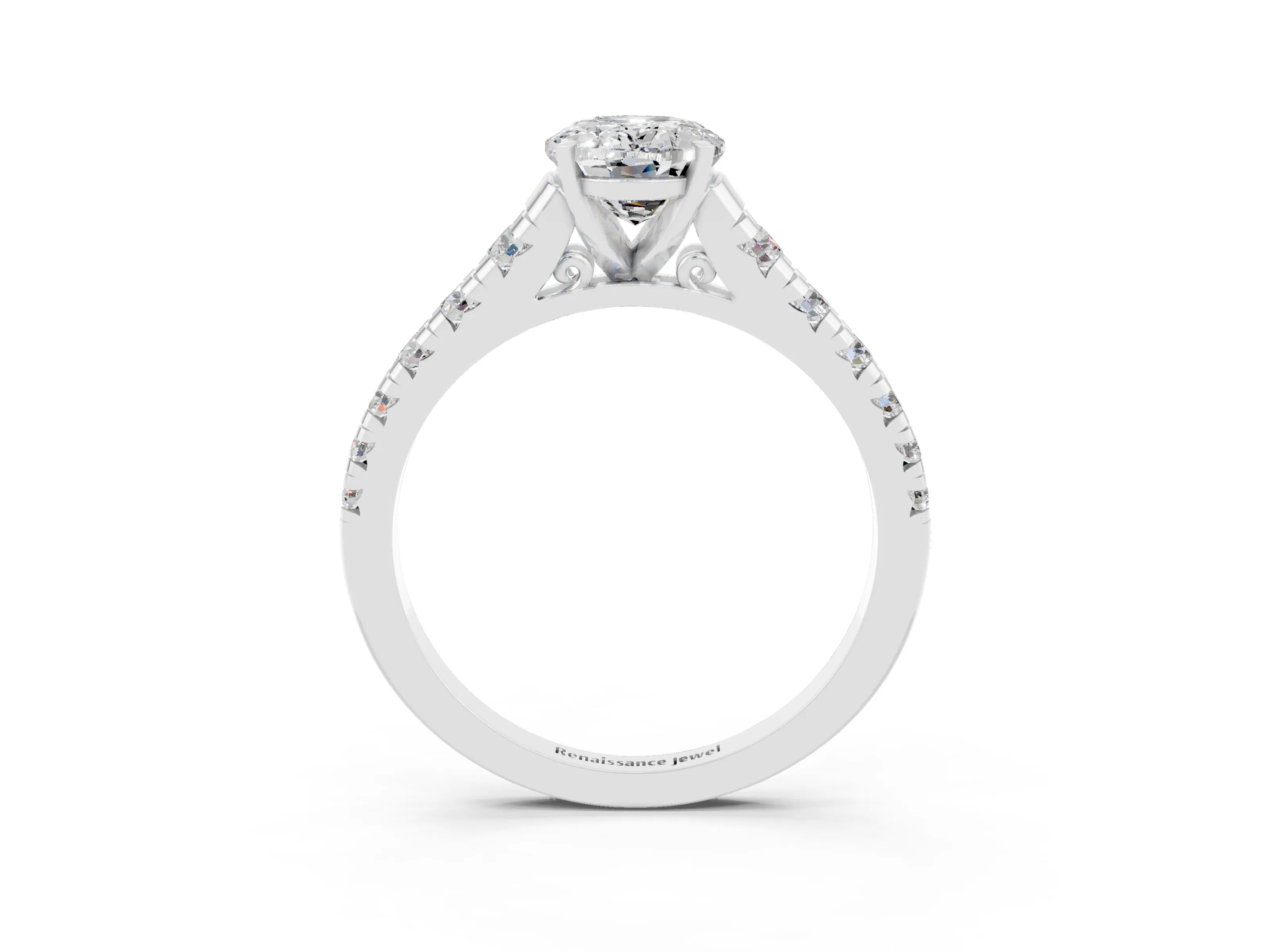 White gold Oval Cut Moissanite Solitaire Ring with Cathedral Setting and Pavé Band_3