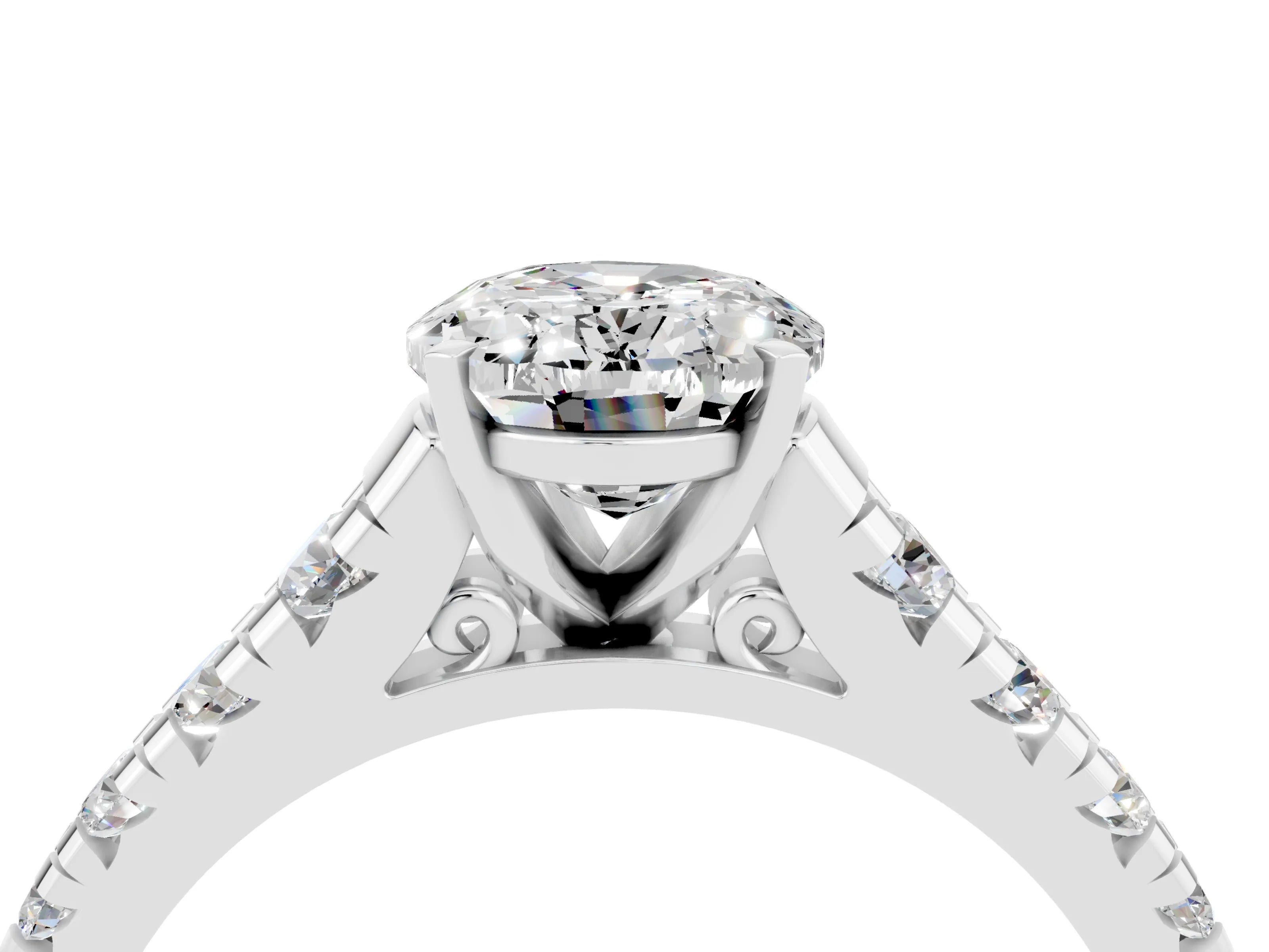 White gold Oval Cut Moissanite Solitaire Ring with Cathedral Setting and Pavé Band_4