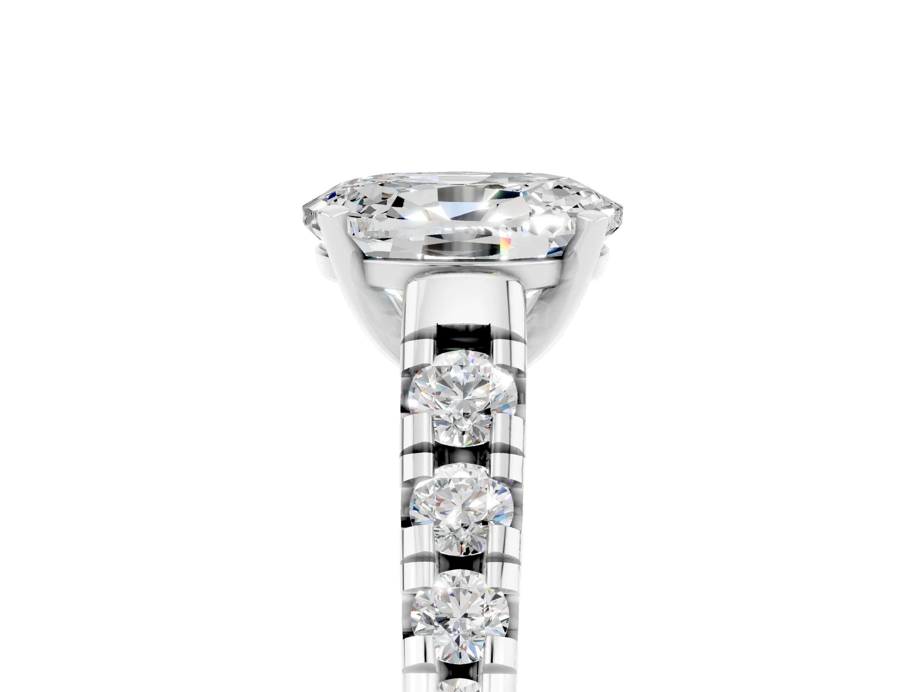 White gold Oval Cut Moissanite Solitaire Ring with Cathedral Setting and Pavé Band_5