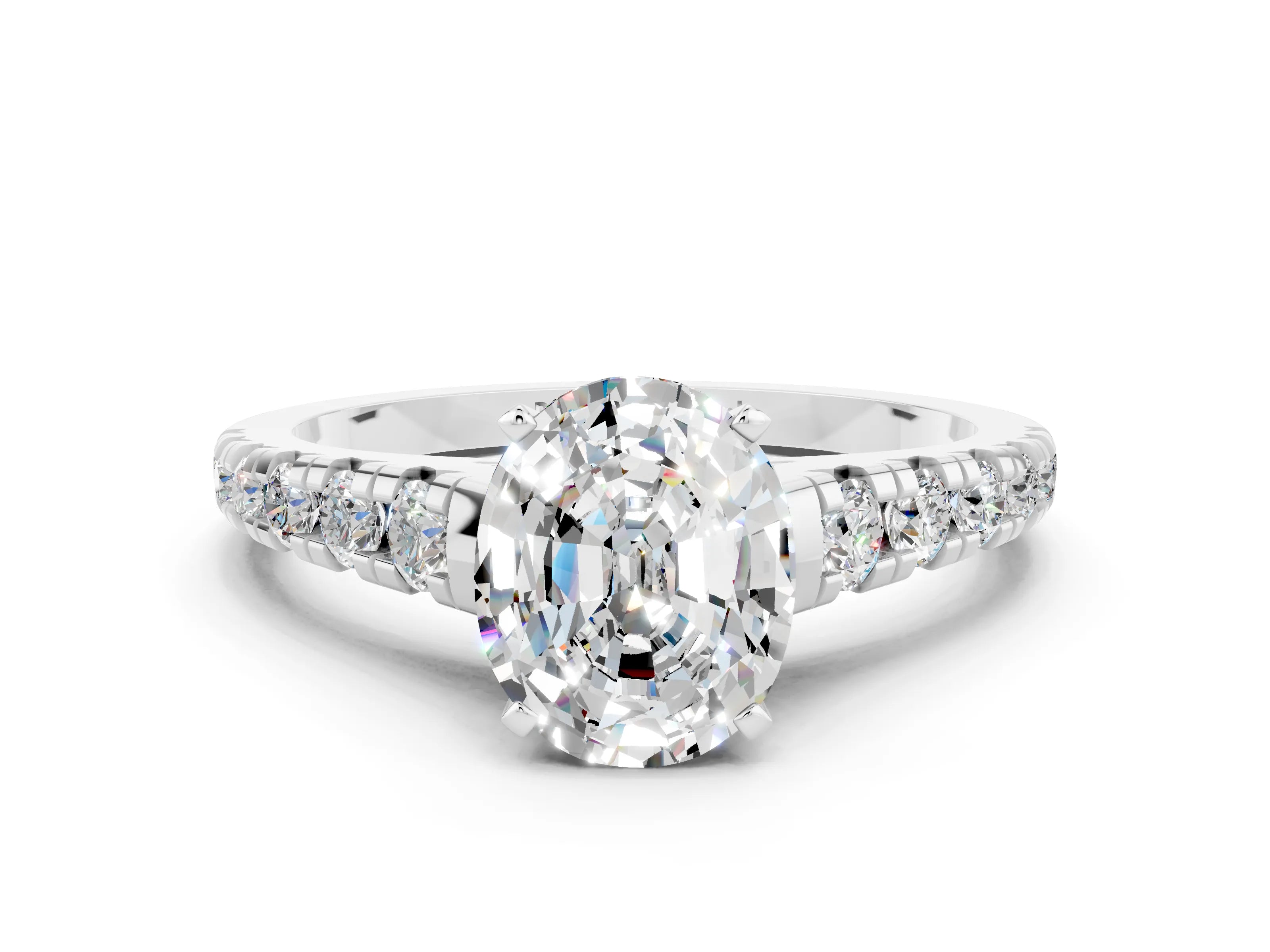 White gold Oval Cut Moissanite Solitaire Ring with Cathedral Setting and Pavé Band