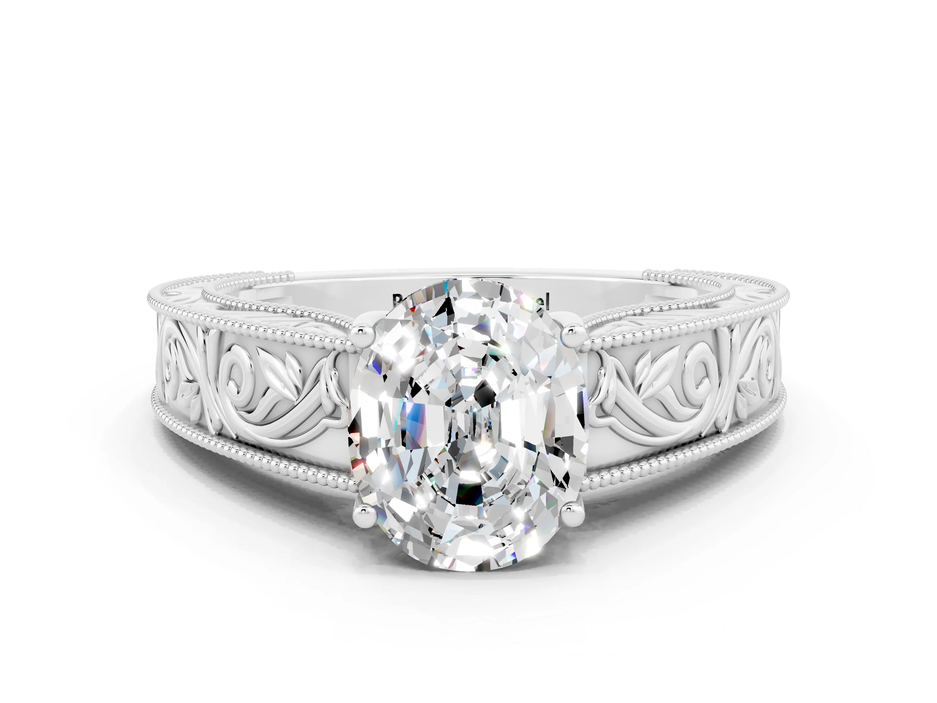 White gold Oval Cut Moissanite Solitaire Ring with Engraved Band and Four-Prong Setting