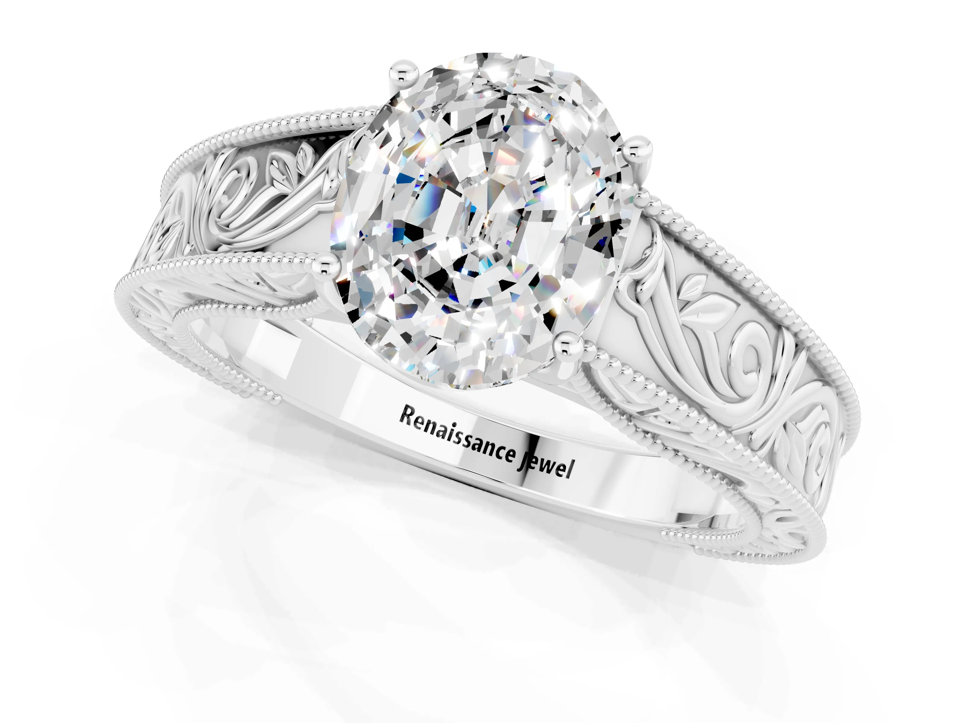 White gold Oval Cut Moissanite Solitaire Ring with Engraved Band and Four-Prong Setting_1