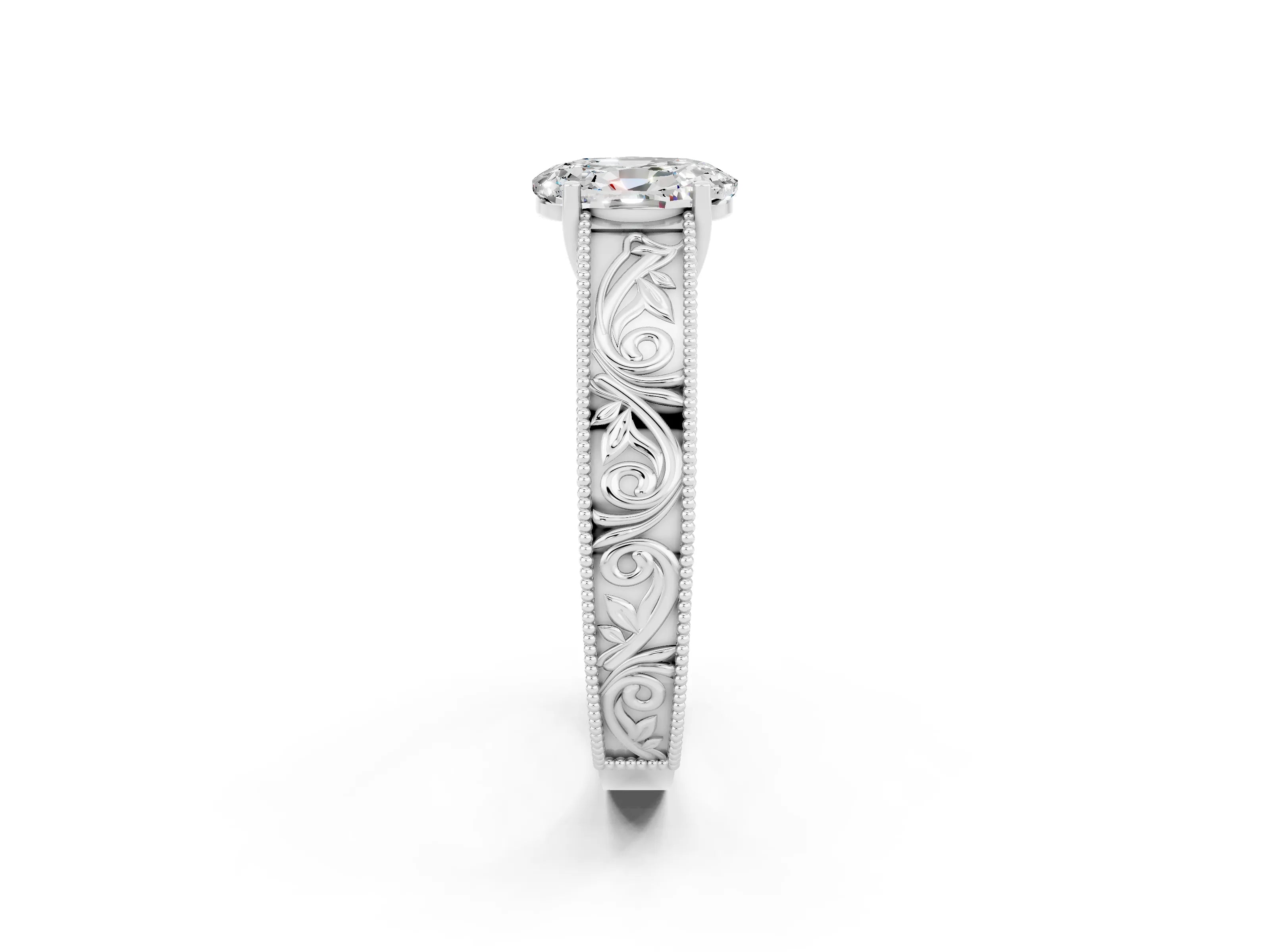 White gold Oval Cut Moissanite Solitaire Ring with Engraved Band and Four-Prong Setting_2