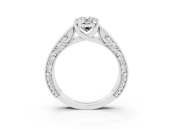 Silver Oval Cut Moissanite Solitaire Ring with Engraved Band and Four-Prong Setting