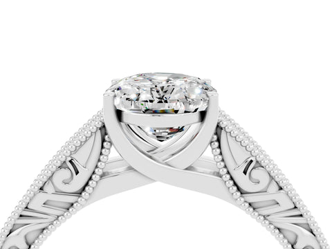 White gold Oval Cut Moissanite Solitaire Ring with Engraved Band and Four-Prong Setting_4