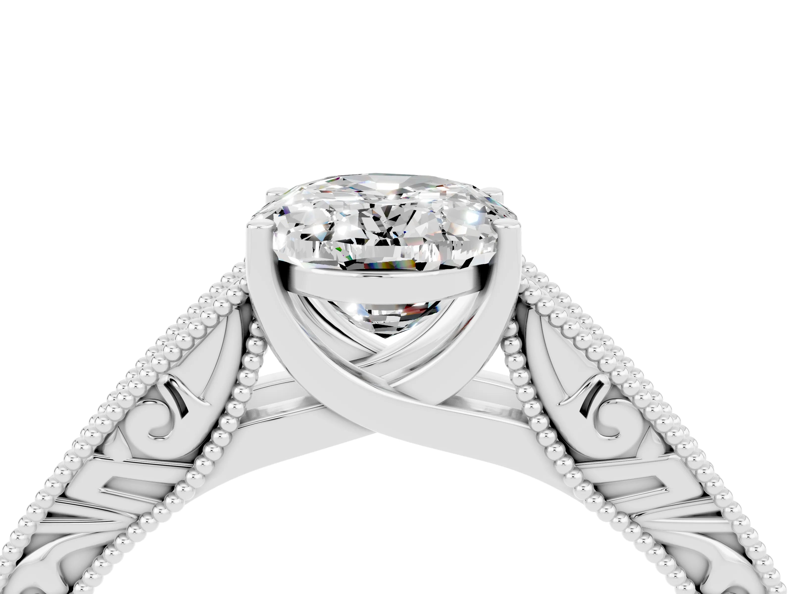White gold Oval Cut Moissanite Solitaire Ring with Engraved Band and Four-Prong Setting_4