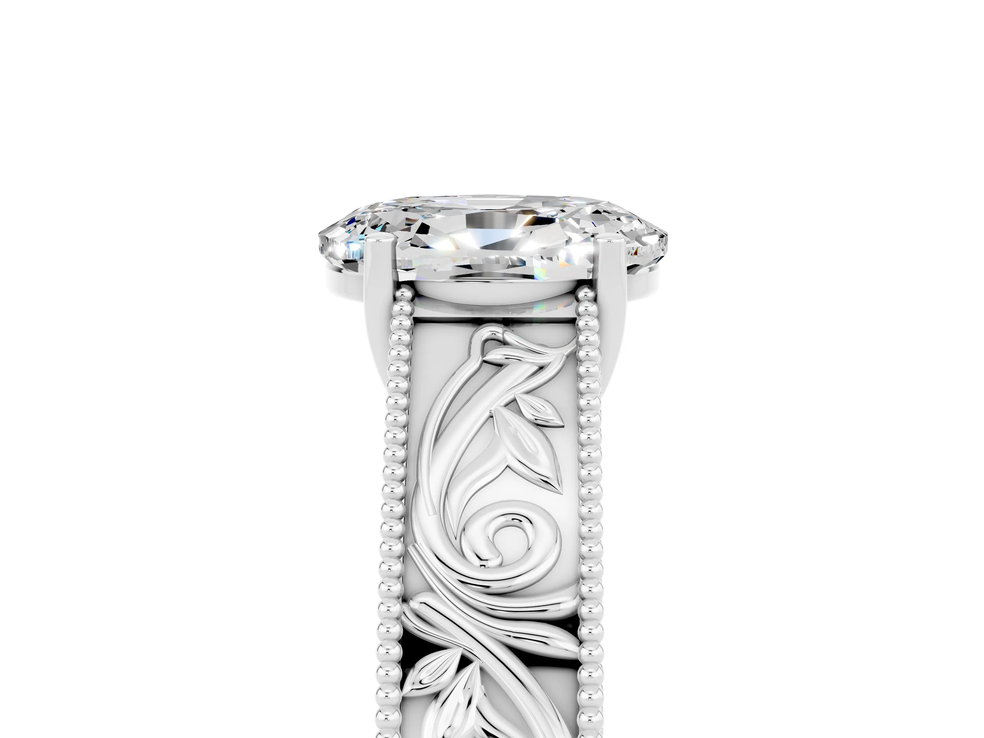 White gold Oval Cut Moissanite Solitaire Ring with Engraved Band and Four-Prong Setting_5