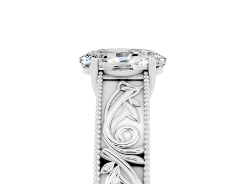 White gold Oval Cut Moissanite Solitaire Ring with Engraved Band and Four-Prong Setting_5