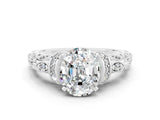 White gold Oval Cut Moissanite Solitaire Ring with Filigree Band and Four-Prong Setting_24