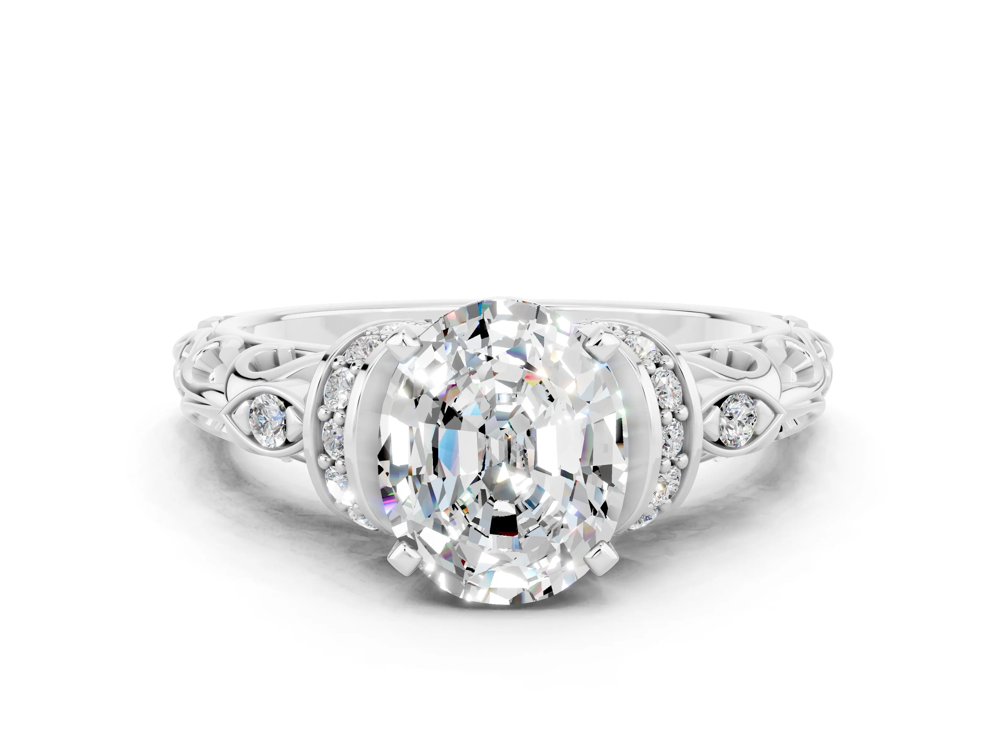 White gold Oval Cut Moissanite Solitaire Ring with Filigree Band and Four-Prong Setting_24